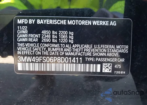 2023 BMW 3 Series M340I from USA, damaged, VIN 3MW49FS06P8D01411
